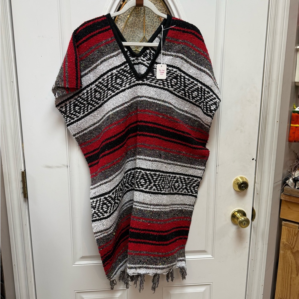 Hand Woven Striped Red Black Molina Poncho with Fringe